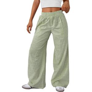 imageTrendy Queen Womens Striped Pants Linen Wide Leg Trousers Casual Slacks Fall Fashion Y2k Outfits 2025Green