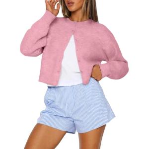 imageTrendy Queen Cropped Cardigan Sweaters for Women Lightweight Crop Cotton Knit Y2k Fall Outfits Fashion Clothes 2025Pink