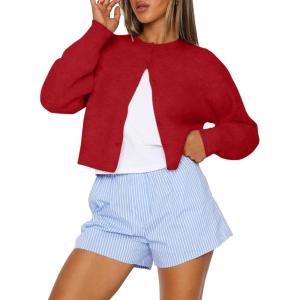 imageTrendy Queen Cropped Cardigan Sweaters for Women Lightweight Crop Cotton Knit Y2k Fall Outfits Fashion Clothes 2025Red