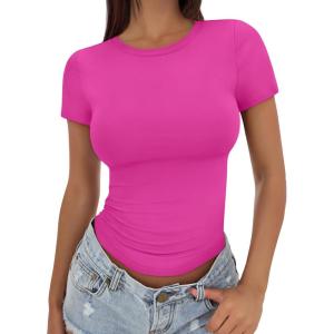 imageTrendy Queen Womens Basic Short Sleeve Slim Fit T Shirts Soft Crewneck Crop Y2k Tee Summer Cute Gym Fashion ClothesHotpink
