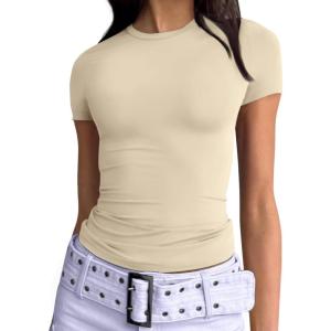 imageTrendy Queen Womens Basic TShirts Scoop Neck Short Sleeve Crop Tops Cute Summer Tops Slim Fit Tees Y2k Clothing 2025Apricot