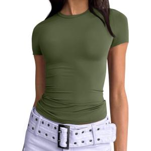 imageTrendy Queen Womens Basic TShirts Scoop Neck Short Sleeve Crop Tops Cute Summer Tops Slim Fit Tees Y2k Clothing 2025Army Green
