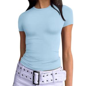 imageTrendy Queen Womens Basic TShirts Scoop Neck Short Sleeve Crop Tops Cute Summer Tops Slim Fit Tees Y2k Clothing 2025Baby Blue