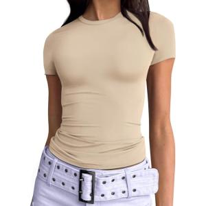imageTrendy Queen Womens Basic TShirts Scoop Neck Short Sleeve Crop Tops Cute Summer Tops Slim Fit Tees Y2k Clothing 2025Beige