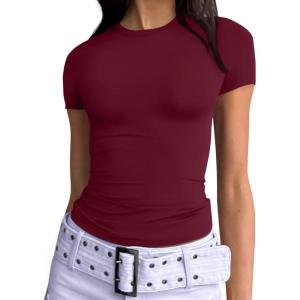 imageTrendy Queen Womens Basic TShirts Scoop Neck Short Sleeve Crop Tops Cute Summer Tops Slim Fit Tees Y2k Clothing 2025Burgundy