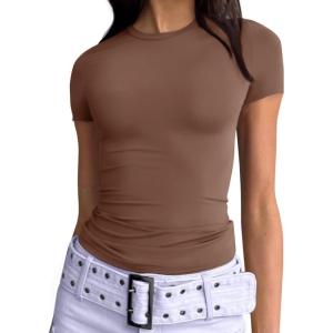 imageTrendy Queen Womens Basic TShirts Scoop Neck Short Sleeve Crop Tops Cute Summer Tops Slim Fit Tees Y2k Clothing 2025Coffee