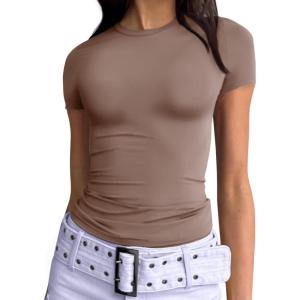 imageTrendy Queen Womens Basic TShirts Scoop Neck Short Sleeve Crop Tops Cute Summer Tops Slim Fit Tees Y2k Clothing 2025Coffee Grey