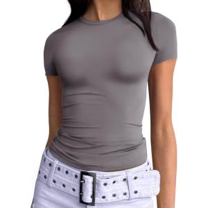 imageTrendy Queen Womens Basic TShirts Scoop Neck Short Sleeve Crop Tops Cute Summer Tops Slim Fit Tees Y2k Clothing 2025Grey02