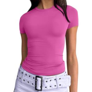 imageTrendy Queen Womens Basic TShirts Scoop Neck Short Sleeve Crop Tops Cute Summer Tops Slim Fit Tees Y2k Clothing 2025Hot Pink