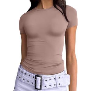 imageTrendy Queen Womens Basic TShirts Scoop Neck Short Sleeve Crop Tops Cute Summer Tops Slim Fit Tees Y2k Clothing 2025Latte