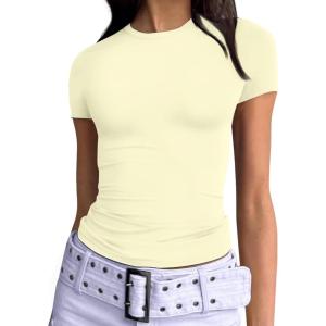 imageTrendy Queen Womens Basic TShirts Scoop Neck Short Sleeve Crop Tops Cute Summer Tops Slim Fit Tees Y2k Clothing 2025Lemon Yellow