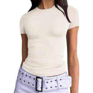 imageTrendy Queen Womens Basic TShirts Scoop Neck Short Sleeve Crop Tops Cute Summer Tops Slim Fit Tees Y2k Clothing 2025Light Apricot