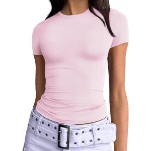 imageTrendy Queen Womens Basic TShirts Scoop Neck Short Sleeve Crop Tops Cute Summer Tops Slim Fit Tees Y2k Clothing 2025Light Pink