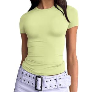 imageTrendy Queen Womens Basic TShirts Scoop Neck Short Sleeve Crop Tops Cute Summer Tops Slim Fit Tees Y2k Clothing 2025Lime Green