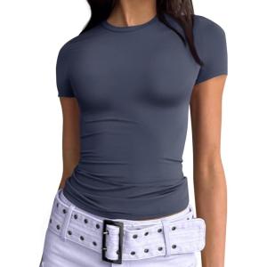 imageTrendy Queen Womens Basic TShirts Scoop Neck Short Sleeve Crop Tops Cute Summer Tops Slim Fit Tees Y2k Clothing 2025Navy