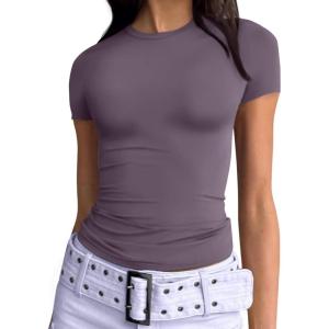 imageTrendy Queen Womens Basic TShirts Scoop Neck Short Sleeve Crop Tops Cute Summer Tops Slim Fit Tees Y2k Clothing 2025Nutmeg