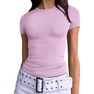 imageTrendy Queen Womens Basic TShirts Scoop Neck Short Sleeve Crop Tops Cute Summer Tops Slim Fit Tees Y2k Clothing 2025Purple