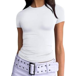 imageTrendy Queen Womens Basic TShirts Scoop Neck Short Sleeve Crop Tops Cute Summer Tops Slim Fit Tees Y2k Clothing 2025White