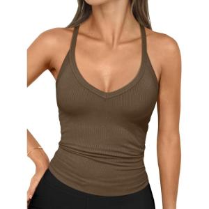 imageTrendy Queen Womens Ribbed Tank Tops Racerback Summer Basic Camisole V Neck Going Out Slim Fit Fashion Clothes 2025Coffee