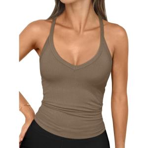 imageTrendy Queen Womens Ribbed Tank Tops Racerback Summer Basic Camisole V Neck Going Out Slim Fit Fashion Clothes 2025Coffeegrey