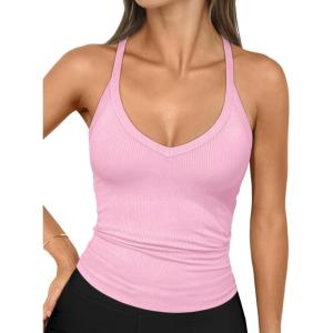 imageTrendy Queen Womens Ribbed Tank Tops Racerback Summer Basic Camisole V Neck Going Out Slim Fit Fashion Clothes 2025Pink