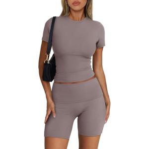 imageTrendy Queen Womens 2 Piece Workout Sets Short Matching Lounge Sets Summer Clothes Going Out Gym OutfitsCoffeegrey