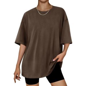 imageTrendy Queen Womens Fashion Workout T Shirts Athletic Plus Size Tops Summer Trendy Clothes 2025 Short Sleeve Spring TeeCoffeebrown