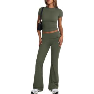 imageTrendy Queen Lounge Sets For Women 2 Piece Casual Y2K Outfits Short Sleeve Cropped Tops Fold Over Flare Pants TracksuitsArmygreen