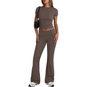 imageTrendy Queen Lounge Sets For Women 2 Piece Casual Y2K Outfits Short Sleeve Cropped Tops Fold Over Flare Pants TracksuitsBrown