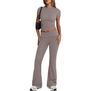 imageTrendy Queen Lounge Sets For Women 2 Piece Casual Y2K Outfits Short Sleeve Cropped Tops Fold Over Flare Pants TracksuitsCoffeegrey