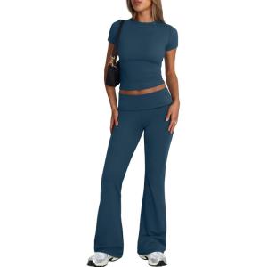 imageTrendy Queen Lounge Sets For Women 2 Piece Casual Y2K Outfits Short Sleeve Cropped Tops Fold Over Flare Pants TracksuitsDarkblue