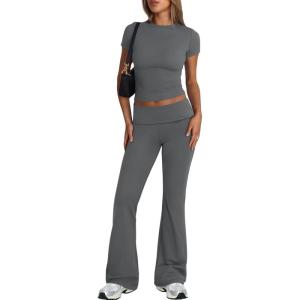 imageTrendy Queen Lounge Sets For Women 2 Piece Casual Y2K Outfits Short Sleeve Cropped Tops Fold Over Flare Pants TracksuitsDarkgrey