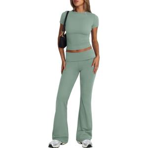 imageTrendy Queen Lounge Sets For Women 2 Piece Casual Y2K Outfits Short Sleeve Cropped Tops Fold Over Flare Pants TracksuitsGrassgreen