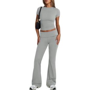imageTrendy Queen Lounge Sets For Women 2 Piece Casual Y2K Outfits Short Sleeve Cropped Tops Fold Over Flare Pants TracksuitsGrey