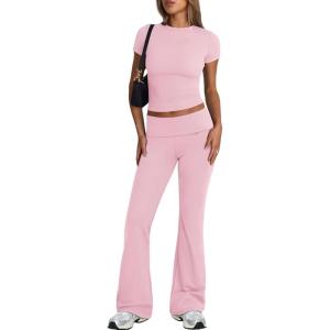 imageTrendy Queen Lounge Sets For Women 2 Piece Casual Y2K Outfits Short Sleeve Cropped Tops Fold Over Flare Pants TracksuitsPink