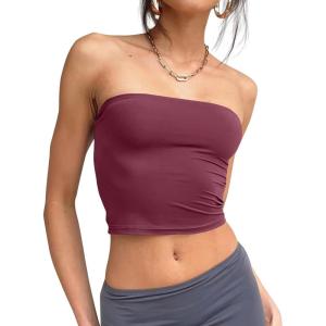 imageTrendy Queen Womens Tube Tops Strapless Crop Tops Basic Backless Sleeveless Bandeau Going Out Cute 2025 Summer OutfitsWine Red