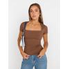 imageTrendy Queen Womens Square Neck Tops Short Sleeve Crop Tops Workout Summer Clothes Casual Slim Fit TShirts 2024Coffee