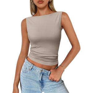 imageTrendy Queen Women Going Out Casual Tank Tops Spring Summer Basic Cute 2025 Sleeveless Shirt Y2K Fashion Outfit ClothesCoffee Grey
