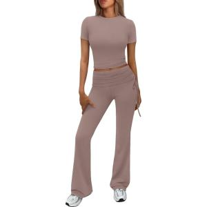 imageTrendy Queen Womens 2 Piece Outfits Lounge Sets Summer Y2k Short Sleeve Cropped Tops and Drawstring Flare Pants TracksuitsCoffeegrey