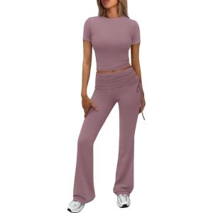 imageTrendy Queen Womens 2 Piece Outfits Lounge Sets Summer Y2k Short Sleeve Cropped Tops and Drawstring Flare Pants TracksuitsNutmeg