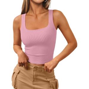 imageTrendy Queen Womens Square Neck Tank Tops Workout Cropped Ribbed Summer Camisole Sleeveless TopsBabypink