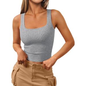 imageTrendy Queen Womens Square Neck Tank Tops Workout Cropped Ribbed Summer Camisole Sleeveless TopsLight Gray