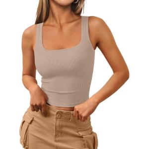 imageTrendy Queen Womens Square Neck Tank Tops Workout Cropped Ribbed Summer Camisole Sleeveless TopsNude