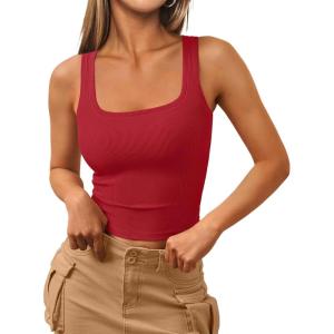 imageTrendy Queen Womens Square Neck Tank Tops Workout Cropped Ribbed Summer Camisole Sleeveless TopsRed
