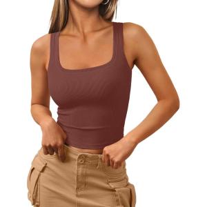 imageTrendy Queen Womens Square Neck Tank Tops Workout Cropped Ribbed Summer Camisole Sleeveless TopsRust