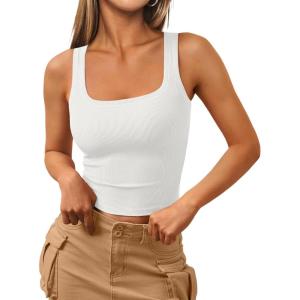 imageTrendy Queen Womens Square Neck Tank Tops Workout Cropped Ribbed Summer Camisole Sleeveless TopsWhite