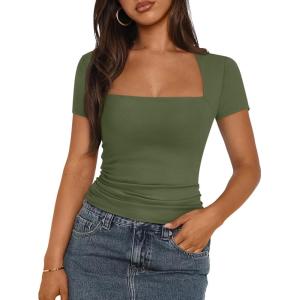 imageTrendy Queen Womens Square Neck Tops Short Sleeve Crop Tops Workout Summer Clothes Casual Slim Fit TShirts 2024Armygreen