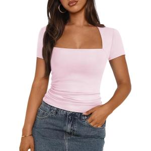 imageTrendy Queen Womens Square Neck Tops Short Sleeve Crop Tops Workout Summer Clothes Casual Slim Fit TShirts 2024Babypink