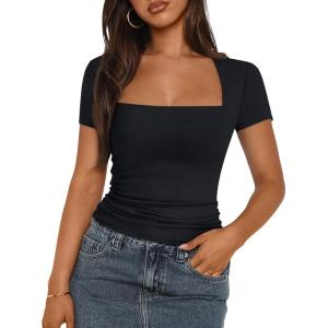 imageTrendy Queen Womens Square Neck Tops Short Sleeve Crop Tops Workout Summer Clothes Casual Slim Fit TShirts 2024Black