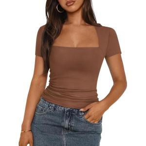 imageTrendy Queen Womens Square Neck Tops Short Sleeve Crop Tops Workout Summer Clothes Casual Slim Fit TShirts 2024Coffee
